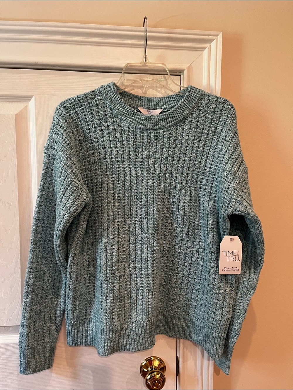 NWT Time and Tru Teal Crewneck Waffle-Knit Sweater